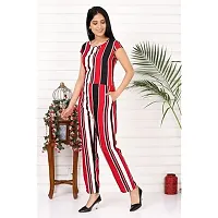 9ZEUS Red Striped Women Jumpsuit with Contrast Belt, Round Neck and Short Sleeves - Material : Crepe, Color : Red-thumb1