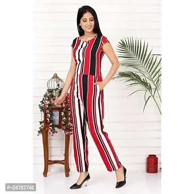 9ZEUS Red Striped Women Jumpsuit with Contrast Belt, Round Neck and Short Sleeves - Material : Crepe, Color : Red-thumb2