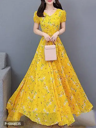 Yellow Georgette Printed Dresses For Women