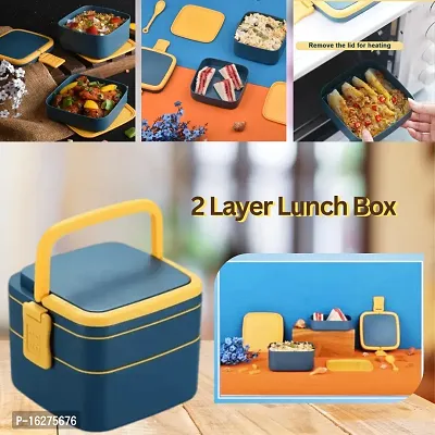 Blue Double-layered Portable Bento Plastic Airtight Lunch Box with easy carrying handle and Spoon Lunch Box / Plastic Lunch Tiffin box for Travelling, School kids, Office Men and Women