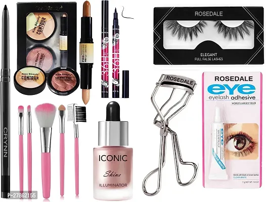 Makeup combo Rosedale Ultimate 5 Makeup Brush  Kiss Beauty Contour Kit  Iconic Shine Illuminator Highlighter  Yanqina 36H Black Eyeliner