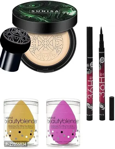 Set Of 2 Blendar Puff And 2 Pc 36 Hours Stay Eyeliner Fixer And Sunisa Foundation Waterproof Cc Cream Foundation (4 Items)