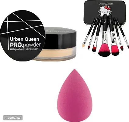 Makeup combo Loose Powder  Set Of 7 Brushes  Face Blendar Puff (3 Items)