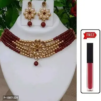 Alloy Maroon star jewellery set with lipstick
