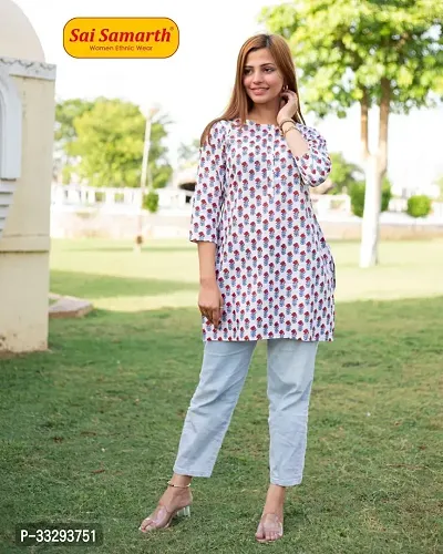 Stylish A-Line White Printed Cotton Kurta For Women-thumb0