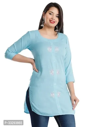 Stylish A-Line Blue Printed Cotton Kurta For Women-thumb0