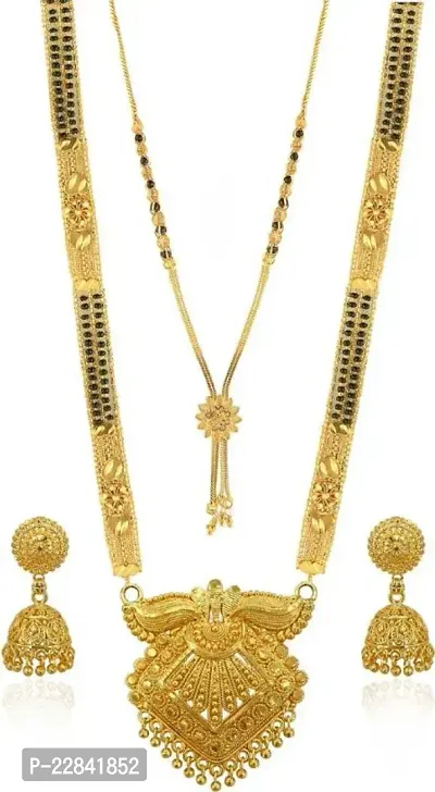Traditional Necklace Pendant Gold Plated Hand Meena 30inch Long and 18inch short 2 Inch Earring Combo Of 2 Mangalsutra/Tanmaniya/nallapusalu/Black Beads For Women and Girls-thumb0