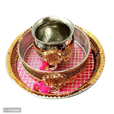 Pooja Ghar Karwa Chauth Gota Patti Pooja thali/Kalash, Chalni for Chand Pooja  Decorated Thali (10 inches Plate, 8 inches chhalni, Lota) (Pink)-thumb0