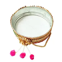 Pooja Ghar Karwa Chauth Gota Patti Pooja thali/Kalash, Chalni for Chand Pooja  Decorated Thali (10 inches Plate, 8 inches chhalni, Lota) (Pink)-thumb1