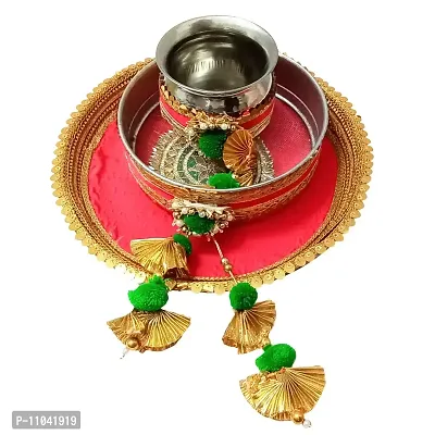 Pooja Ghar Karwa Chauth Gota Patti Pooja thali/Kalash, Chalni for Chand Pooja  Decorated Thali (10 inches Plate, 8 inches chhalni, Lota) (Red)