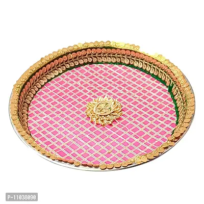 Pooja Ghar Karwa Chauth Gota Patti Pooja thali/Kalash, Chalni for Chand Pooja  Decorated Thali (10 inches Plate, 8 inches chhalni, Lota) (Pink)-thumb5