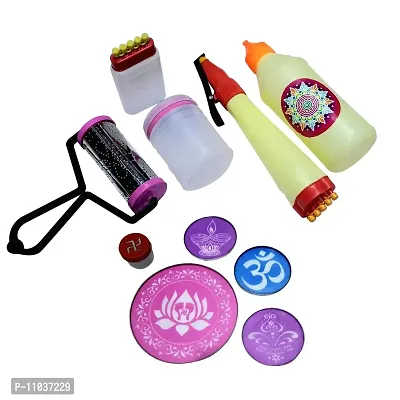Pooja Ghar Rangoli Tool Set for Making Unique and Beautiful Rangoli Designs (5 Stencils - Random Designs, 1 Roller, 1 Ivory Pen, 1 Bottle, 1 White 5 line Galicha Patta, 1 Big Filler Bottle)