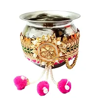 Pooja Ghar Karwa Chauth Gota Patti Pooja thali/Kalash, Chalni for Chand Pooja  Decorated Thali (10 inches Plate, 8 inches chhalni, Lota) (Pink)-thumb2