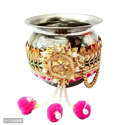 Pooja Ghar Karwa Chauth Gota Patti Pooja thali/Kalash, Chalni for Chand Pooja  Decorated Thali (10 inches Plate, 8 inches chhalni, Lota) (Pink)-thumb3