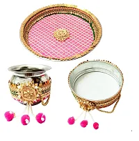 Pooja Ghar Karwa Chauth Gota Patti Pooja thali/Kalash, Chalni for Chand Pooja  Decorated Thali (10 inches Plate, 8 inches chhalni, Lota) (Pink)-thumb3