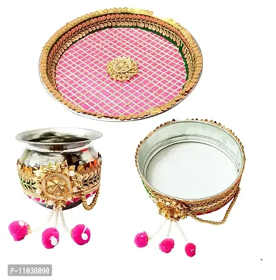 Pooja Ghar Karwa Chauth Gota Patti Pooja thali/Kalash, Chalni for Chand Pooja  Decorated Thali (10 inches Plate, 8 inches chhalni, Lota) (Pink)-thumb4