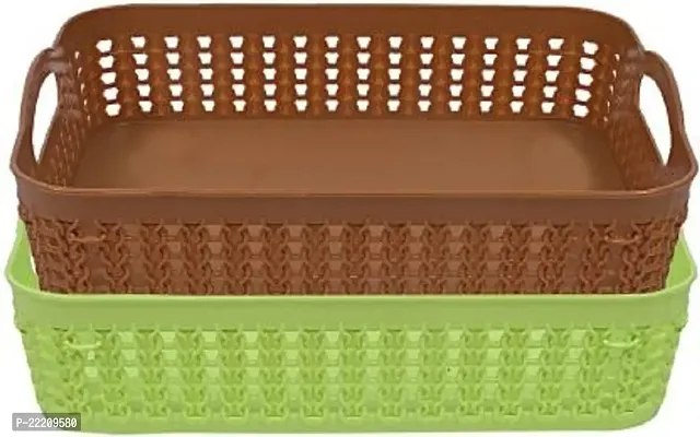 Zms Marketing Plastic 2 Pieces Multipurpose Storage Basket Set (Green  Brown) (Pack Of 2)-thumb0