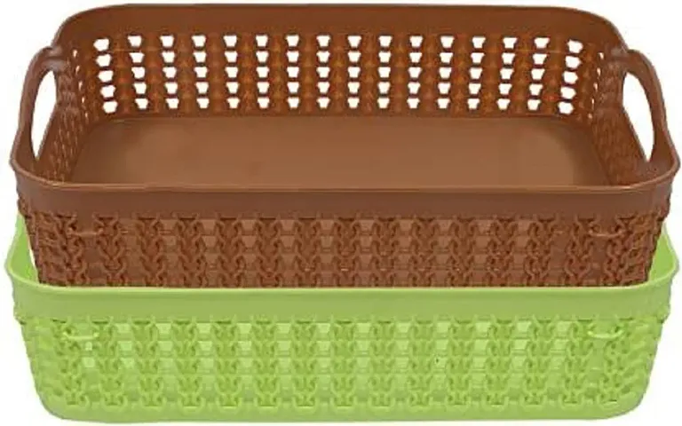 Zms Marketing Plastic 2 Pieces Multipurpose Storage Basket Set (Green & Brown) (Pack Of 2)