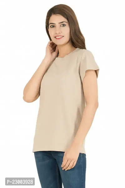 Elegant Beige Pure Cotton Solid Tshirt For Women-thumb3