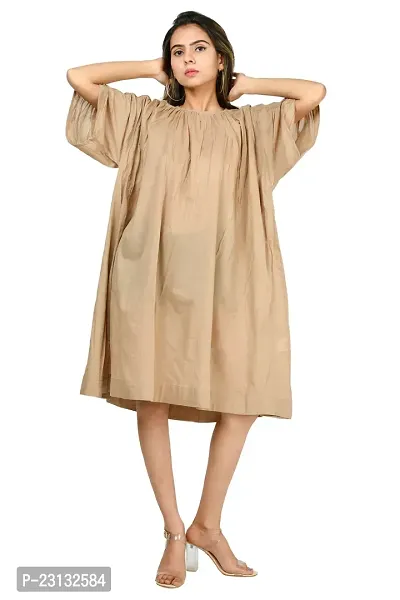 Stylish Beige Cotton Solid Blouson Dress For Women