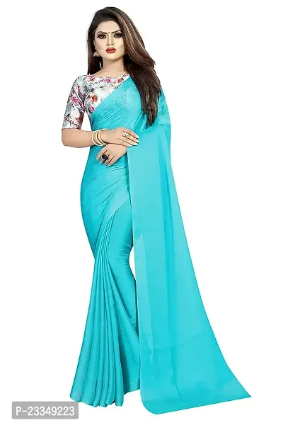 Arango Women's Pure Moss Chiffon Plain Saree With Unstitched Solid|Digital Printed Blouse Piece | Ideal For Wedding, Party, Engagement  Festival (Light Blue | HS-130)-thumb0