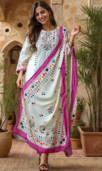 Stylish Muslin Digital Printed Kurta Bottom And Dupatta Set