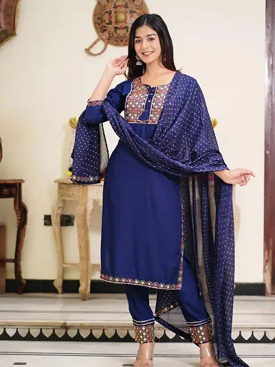 Stylish Rayon Embroidered Kurta Bottom Dupatta Set