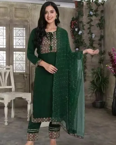 Shivansh Collection Women Embroidred Solid Rayon Kurta Pant with Dupatta || Anarkali Kurta Pant with Dupatta Green