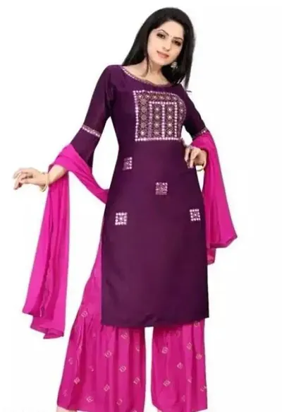 Stylish Rayon Embroidered Kurta Bottom Dupatta Set