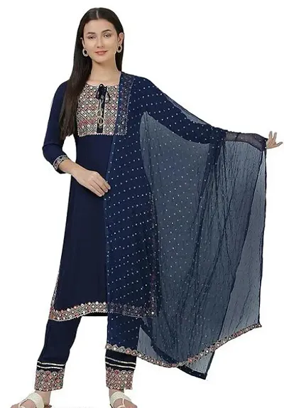 Women Embroidered Mirror work Kurta, Pant And Dupatta Set