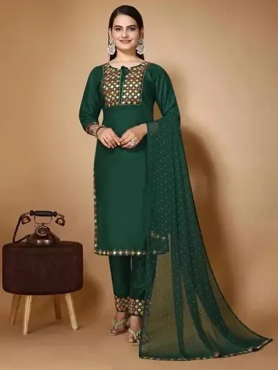 Stylish Rayon Embroidered Kurta Bottom Dupatta Set