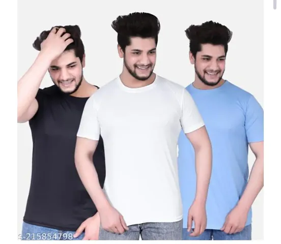 Stylish Nylon Solid Short Sleeves Round Neck Tees For Men Pack Of 3