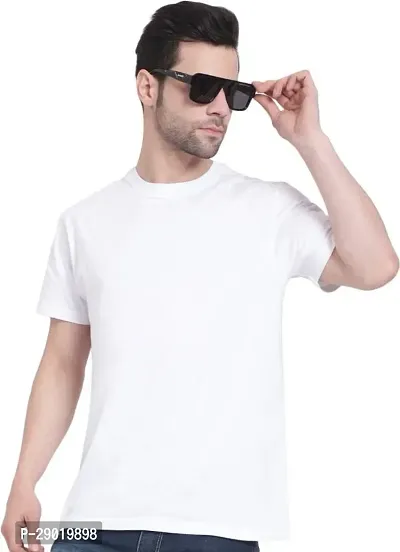 Trendy White Cotton Blend Solid Round Neck Tees For Men-thumb0