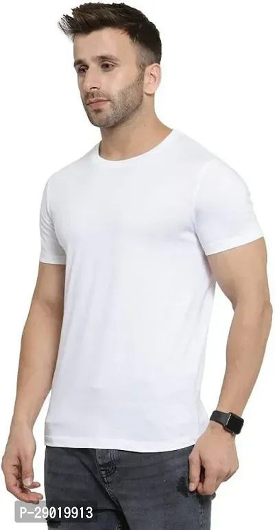 Trendy White Cotton Blend Solid Round Neck Tees For Men-thumb3