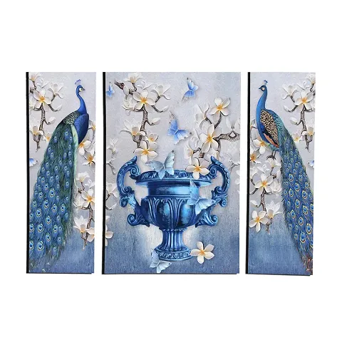 Chauhan Entreprises 3 Peacock Birds Matte Textured Self Adhesive UV Coated 3D MDF Framed Painting with a Special Free Present Inside (12 x18 Inch, Multicolour)
