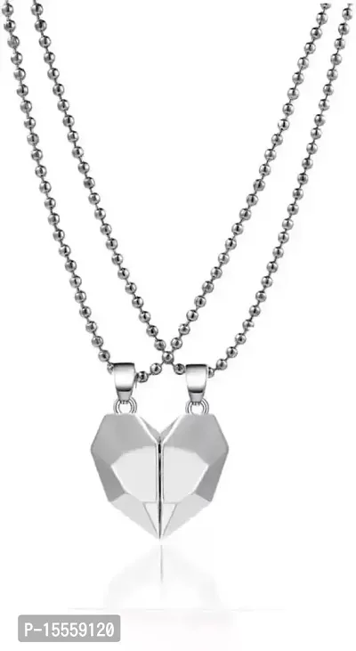 Magnetic Heart Couple Matching Necklace, Silver/Chain - 1pc / No Engrave