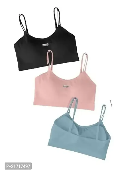 Sanzzy Women Cotton Padded Wire Free Sports Bra Fitness Yoga Free Size(28 to 34) (Black-Light Pink-Blue)-thumb0