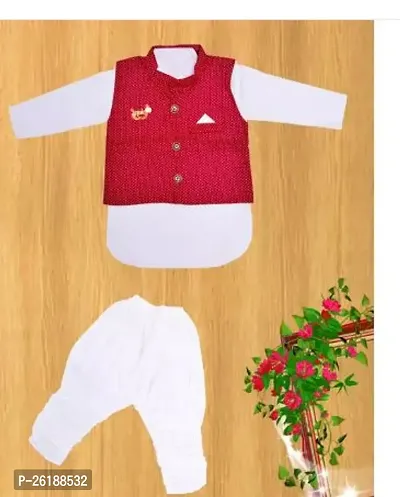 Stylish Cotton Blend White Kurta And Bottom With Red Jacket For Boys