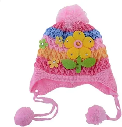 V4U Baby Boy's and Girl's Winter Warm Knitted Flower Cap (Pink, 1-3 Years)