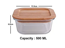 IndusBay? Set of 2, Square Microwave Oven Safe Borosilicate Glass Containers with Wooden Bamboo Airitght Lid Leakproof Seal Microwave and Freezer Safe Bowl, 500 ML, Clear-thumb1