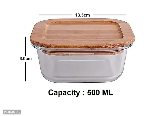 IndusBay? Set of 2, Square Microwave Oven Safe Borosilicate Glass Containers with Wooden Bamboo Airitght Lid Leakproof Seal Microwave and Freezer Safe Bowl, 500 ML, Clear-thumb2