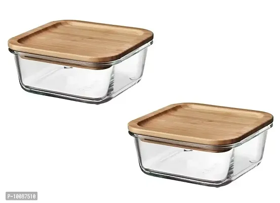 IndusBay? Set of 2, Square Microwave Oven Safe Borosilicate Glass Containers with Wooden Bamboo Airitght Lid Leakproof Seal Microwave and Freezer Safe Bowl, 500 ML, Clear-thumb0