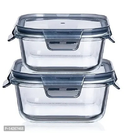 Stylish Fancy Pack Of 2, 500 And 800 Borosilicate Glass Square Food Storage Container Set With Air Vent Lid Airtight Lid Microwave Containers, Glass Lunch Box-thumb0