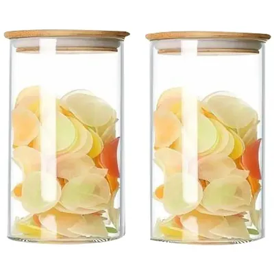 Stylish Fancy Set Of 2, Borosilicate Glass Jars With Bamboo Wood Air Tight Lidstea Coffee Cereals Grains Storage Container Clear Kitchen Jar Canister Set 1400 Ml Each, Clear