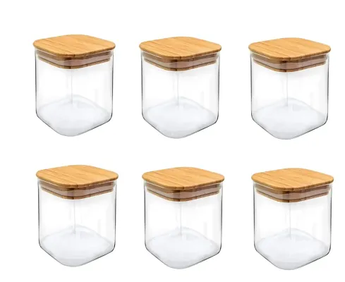 Borosilicate Glass Jars with Bamboo Lids. 6 Pc Set of Air Tight