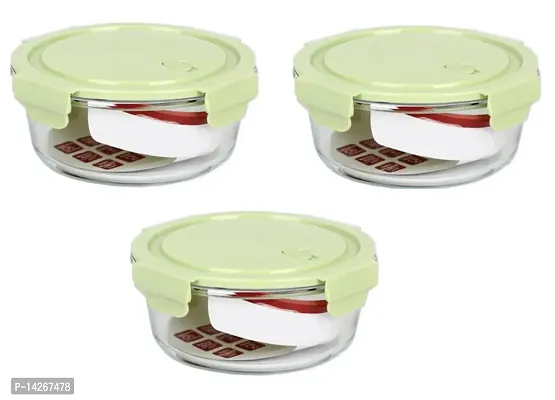 Stylish Fancy 3 Pieces, 400 Ml Round Borosilicate Glass Food Storage Oven Safe Container Set With Air Vent Lid Airtight Lid Microwave Safe Bowl, Glass Lunch Box, Transparent-thumb0