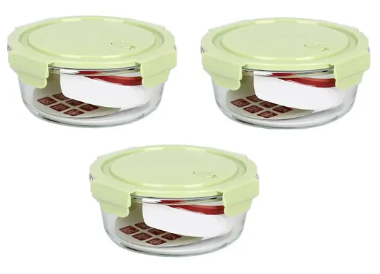 Stylish Fancy 3 Pieces, 400 Ml Round Borosilicate Glass Food Storage Oven Safe Container Set With Air Vent Lid Airtight Lid Microwave Safe Bowl, Glass Lunch Box, Transparent