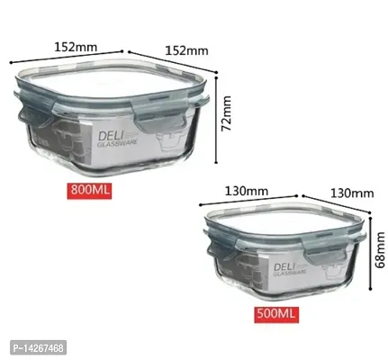 Stylish Fancy Pack Of 2, 500 And 800 Borosilicate Glass Square Food Storage Container Set With Air Vent Lid Airtight Lid Microwave Containers, Glass Lunch Box-thumb2