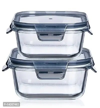 Stylish Fancy 500 Ml Borosilicate Glass Square Food Storage Container Set With Air Vent Lid Airtight Lid Microwave Containers, Glass Lunch Box, Pack Of 2-thumb0