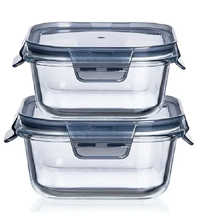 Stylish Fancy 500 Ml Borosilicate Glass Square Food Storage Container Set With Air Vent Lid Airtight Lid Microwave Containers, Glass Lunch Box, Pack Of 2
